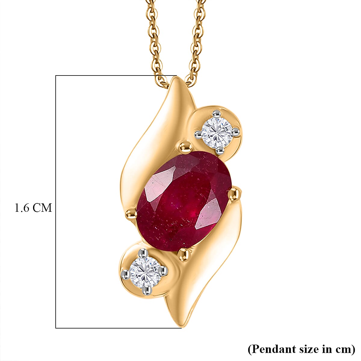 D'Joy Fissure Filled Ruby & White Zircon Pendant with Chain (Size 20)  in Yellow Gold Plated Sterling Silver 1.34 Ct.