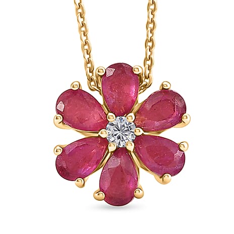 D'Joy Fissure Filled Ruby & Moissanite Floral Pendant with Chain (Size 20)  in Yellow Gold Plated Sterling Silver 1.92 Ct.