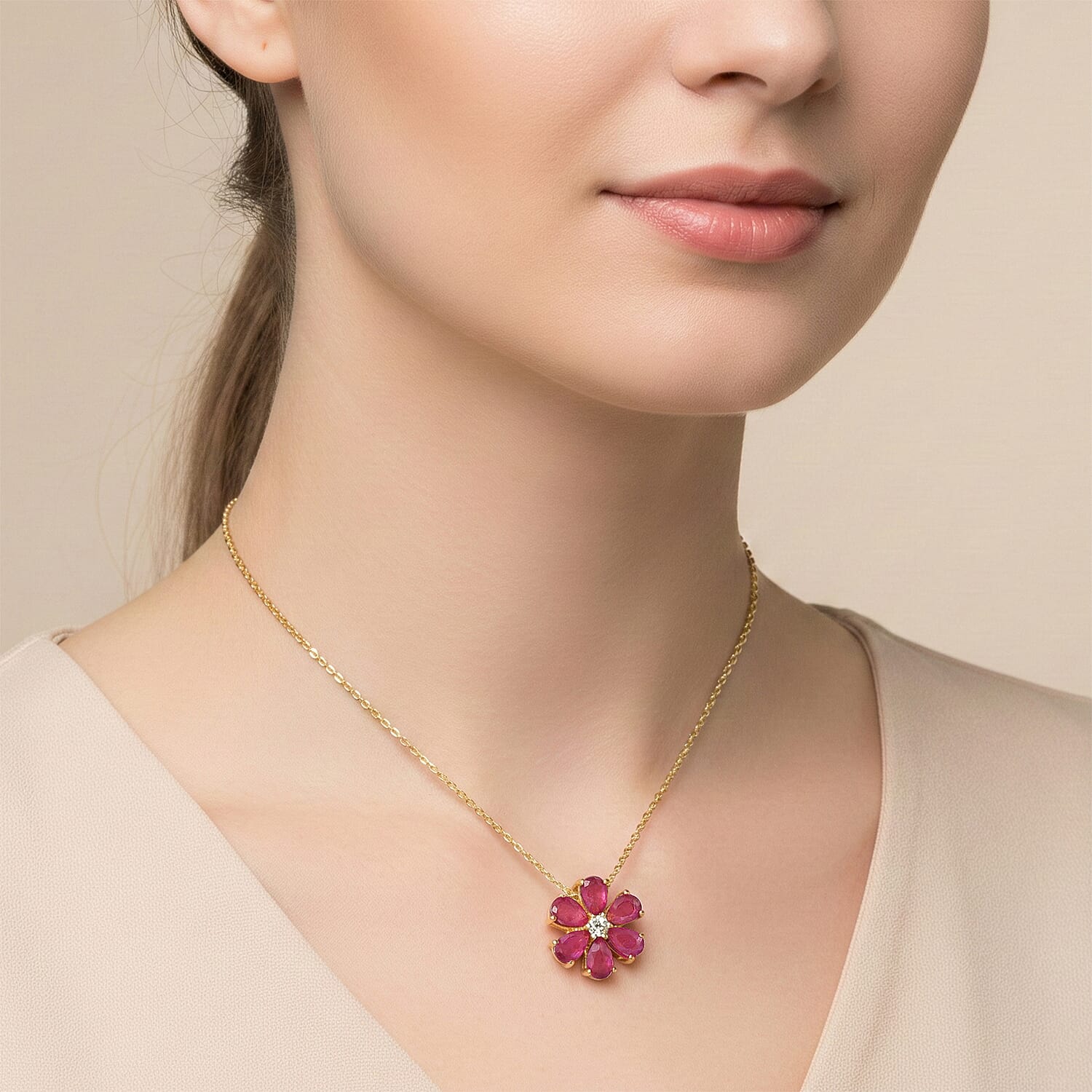 D'Joy Fissure Filled Ruby & Moissanite Floral Pendant with Chain (Size 20)  in Yellow Gold Plated Sterling Silver 1.92 Ct.