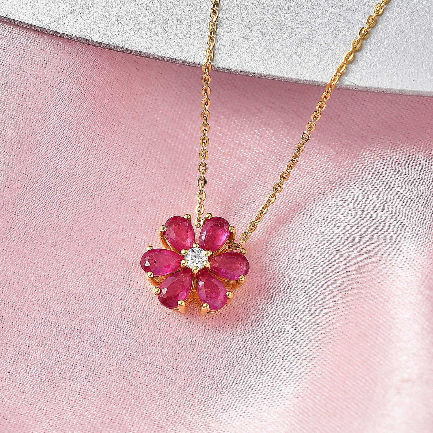 D'Joy Fissure Filled Ruby & Moissanite Floral Pendant with Chain (Size 20)  in Yellow Gold Plated Sterling Silver 1.92 Ct.