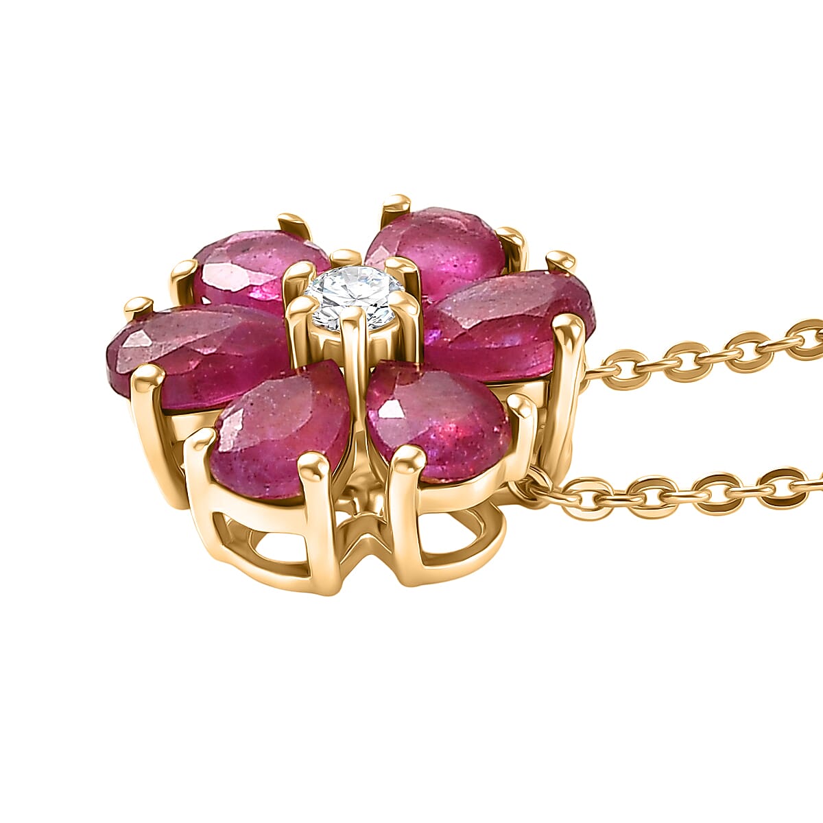 D'Joy Fissure Filled Ruby & Moissanite Floral Pendant with Chain (Size 20)  in Yellow Gold Plated Sterling Silver 1.92 Ct.