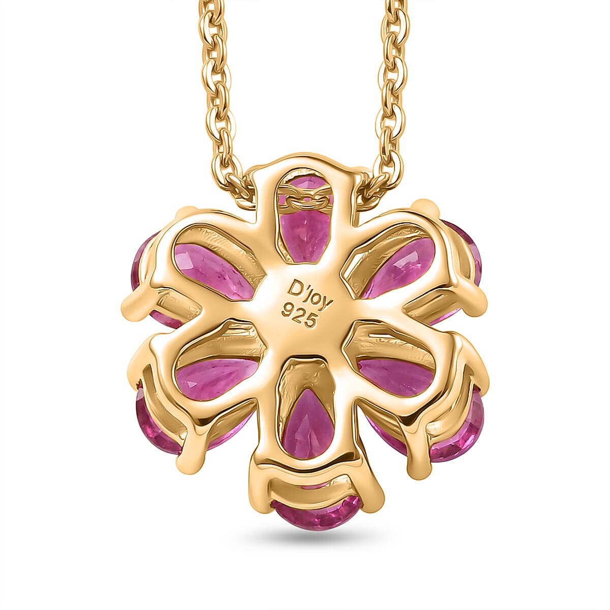 D'Joy Fissure Filled Ruby & Moissanite Floral Pendant with Chain (Size 20)  in Yellow Gold Plated Sterling Silver 1.92 Ct.