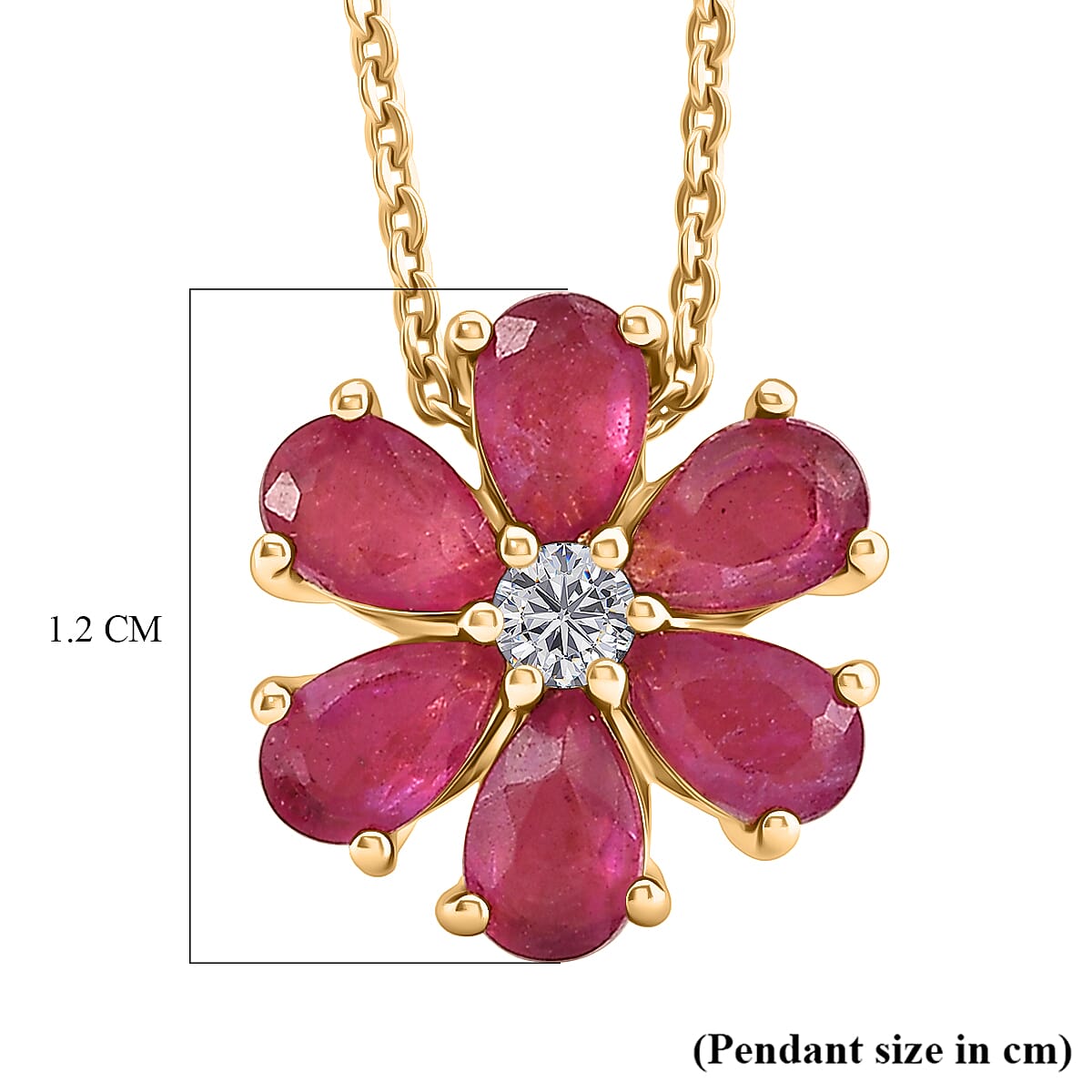 D'Joy Fissure Filled Ruby & Moissanite Floral Pendant with Chain (Size 20)  in Yellow Gold Plated Sterling Silver 1.92 Ct.