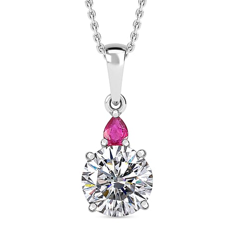 D'Joy Moissanite & African Ruby Drop Pendant with Chain(Size 20) in Rhodium Overlay Sterling Silver 2.00 Ct.