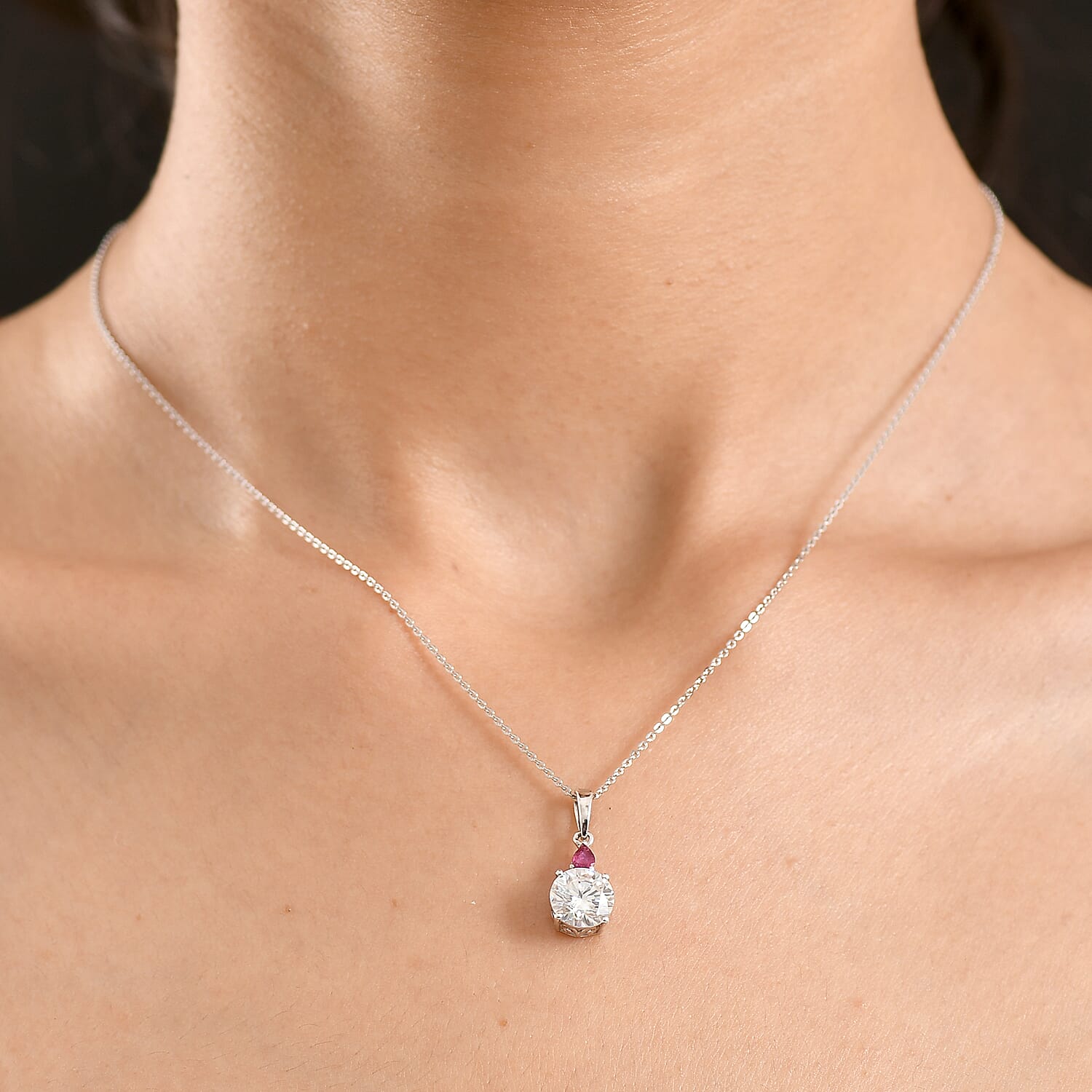 D'Joy Moissanite & African Ruby Drop Pendant with Chain(Size 20) in Rhodium Overlay Sterling Silver 2.00 Ct.