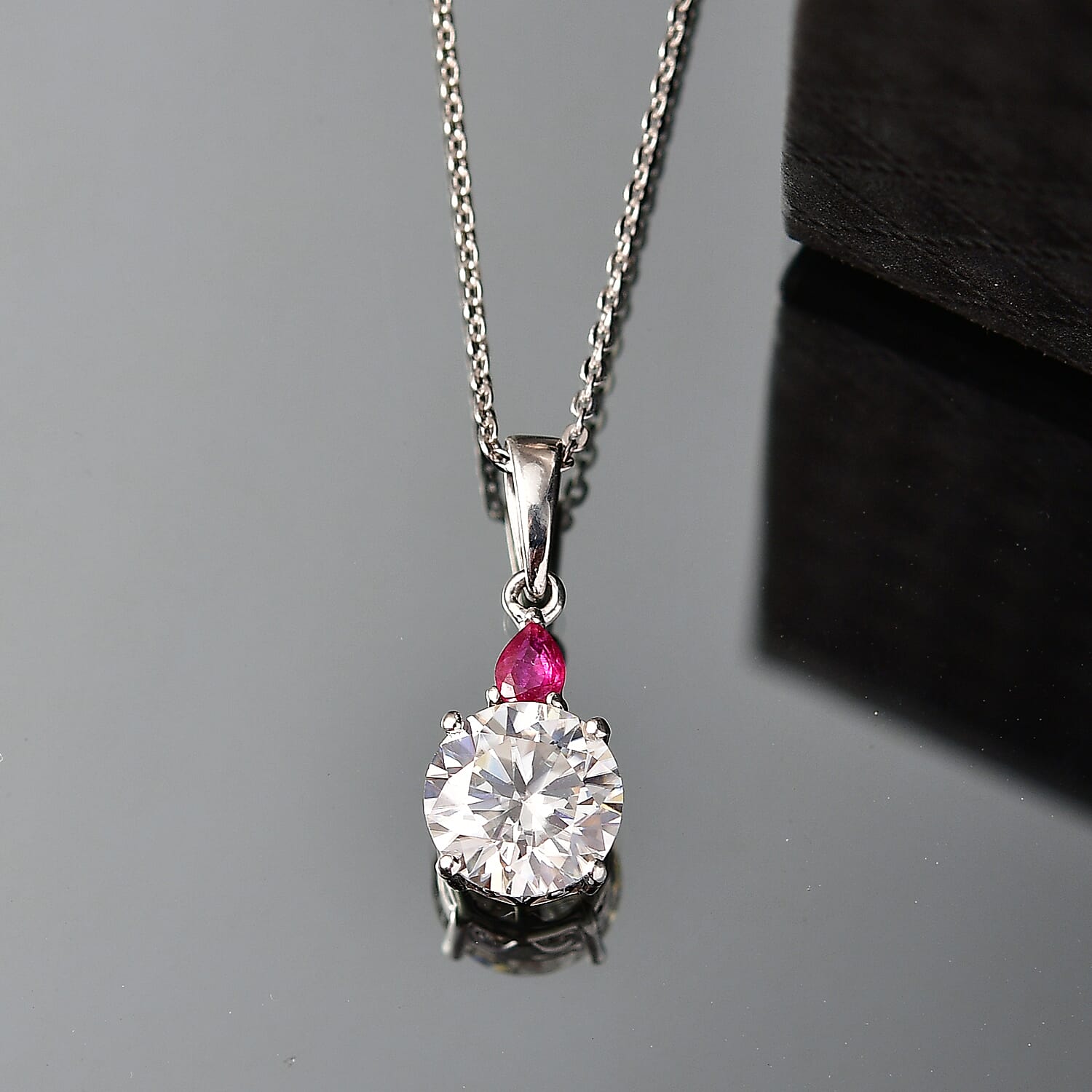 D'Joy Moissanite & African Ruby Drop Pendant with Chain(Size 20) in Rhodium Overlay Sterling Silver 2.00 Ct.