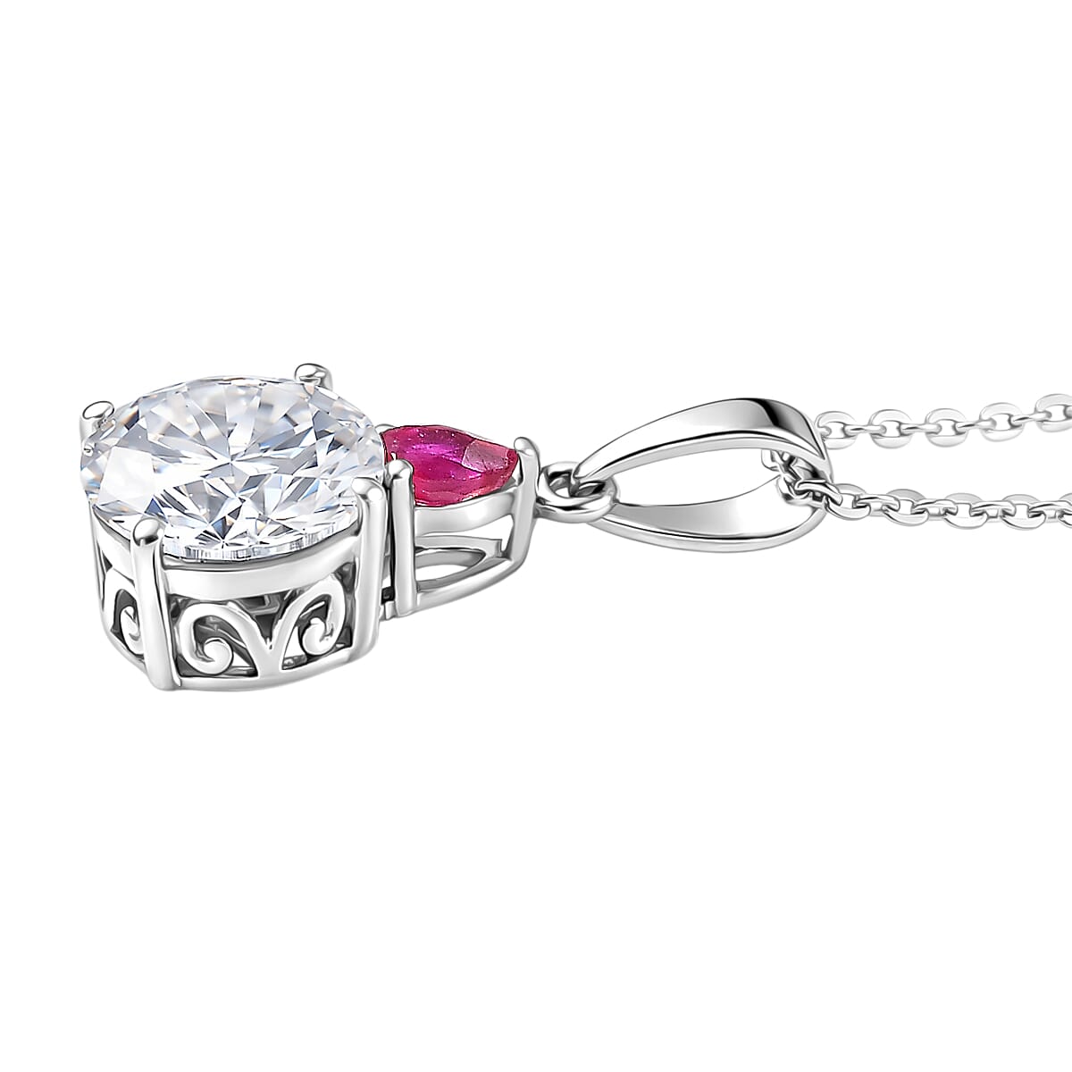 D'Joy Moissanite & African Ruby Drop Pendant with Chain(Size 20) in Rhodium Overlay Sterling Silver 2.00 Ct.