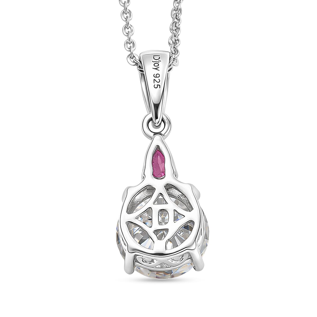 D'Joy Moissanite & African Ruby Drop Pendant with Chain(Size 20) in Rhodium Overlay Sterling Silver 2.00 Ct.