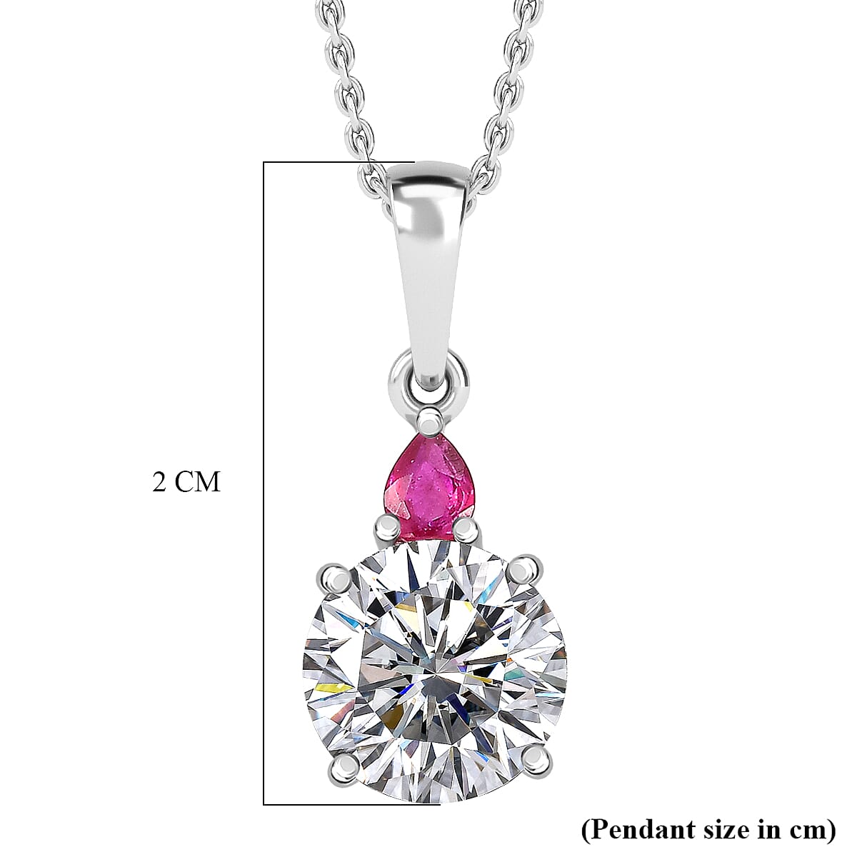 D'Joy Moissanite & African Ruby Drop Pendant with Chain(Size 20) in Rhodium Overlay Sterling Silver 2.00 Ct.