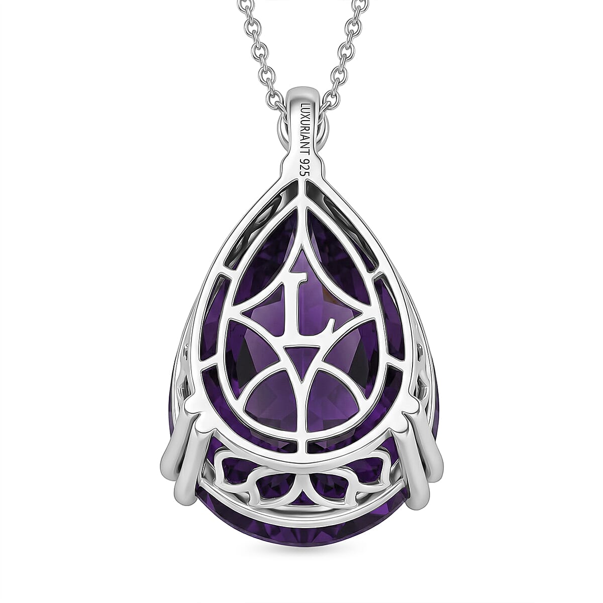 Luxuriant - SI-G-H Lab Grown Diamond & African Amethyst Solitaire Pendant with Chain (Size 20) in Rhodium Overlay Sterling Silver 26.75 Ct.