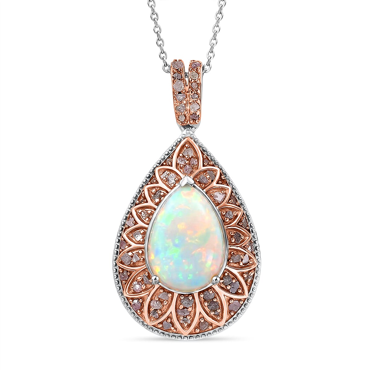Couture Collection - AAA Natural Ethiopian Opal (3.75ct)  & Natural Pink Diamond (0.52ct) Pendant with Chain (Size 20) in Rhodium Overlay and Rose Gold Overlay Sterling Silver 4.27 Ct