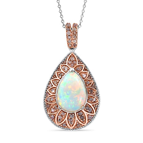 Couture Collection - AAA Natural Ethiopian Opal (3.75ct)  & Natural Pink Diamond (0.52ct) Pendant with Chain (Size 20) in Rhodium Overlay and Rose Gold Overlay Sterling Silver 4.27 Ct
