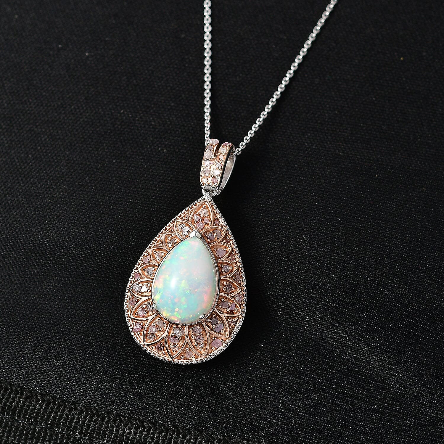 Couture Collection - AAA Natural Ethiopian Opal (3.75ct)  & Natural Pink Diamond (0.52ct) Pendant with Chain (Size 20) in Rhodium Overlay and Rose Gold Overlay Sterling Silver 4.27 Ct