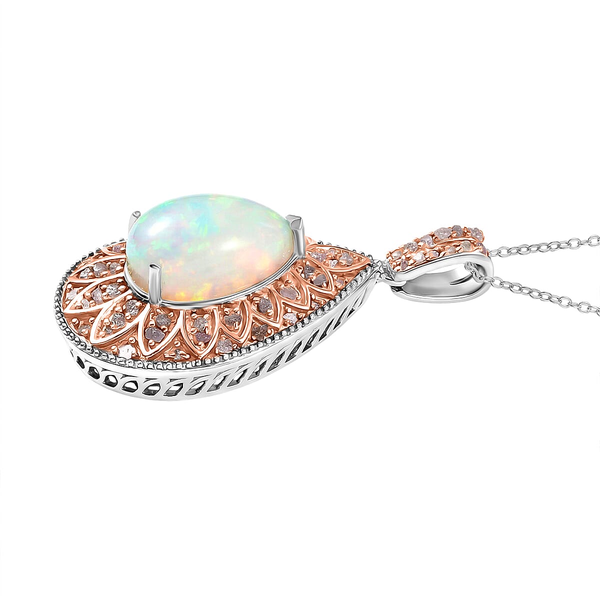 Couture Collection - AAA Natural Ethiopian Opal (3.75ct)  & Natural Pink Diamond (0.52ct) Pendant with Chain (Size 20) in Rhodium Overlay and Rose Gold Overlay Sterling Silver 4.27 Ct