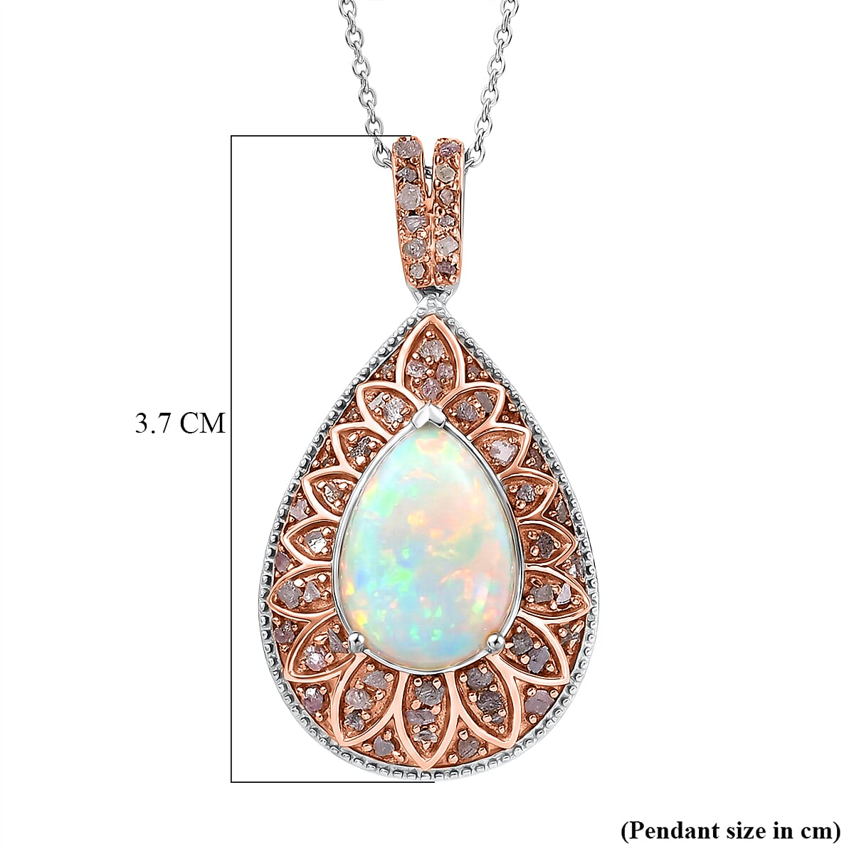 Couture Collection - AAA Natural Ethiopian Opal (3.75ct)  & Natural Pink Diamond (0.52ct) Pendant with Chain (Size 20) in Rhodium Overlay and Rose Gold Overlay Sterling Silver 4.27 Ct