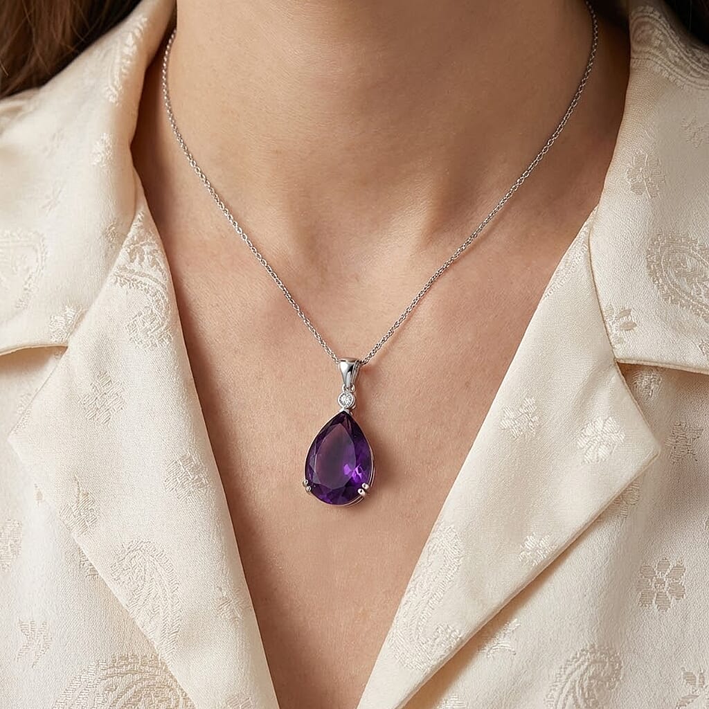 Luxuriant - SI-G-H Lab Grown Diamond & AAA African Amethyst Pear Cut Solitaire Pendant with Chain (Size 20) in Rhodium Overlay Sterling Silver 28.31 Ct.