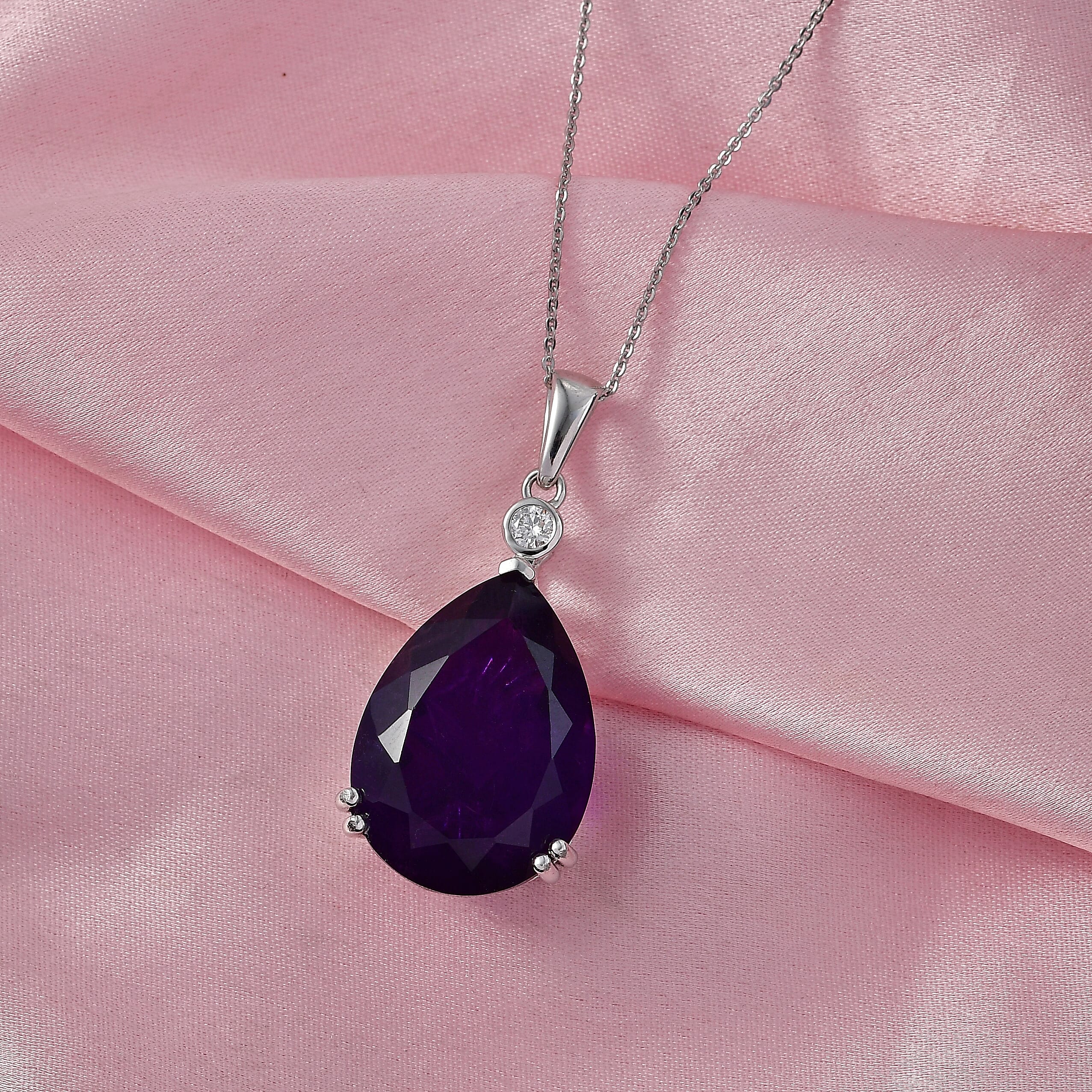 Luxuriant - SI-G-H Lab Grown Diamond & African Amethyst Pear Cut Solitaire Pendant with Chain (Size 20) in Rhodium Overlay Sterling Silver 28.31 Ct.