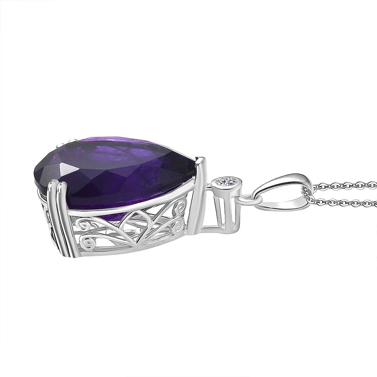 Luxuriant - SI-G-H Lab Grown Diamond & African Amethyst Pear Cut Solitaire Pendant with Chain (Size 20) in Rhodium Overlay Sterling Silver 28.31 Ct.