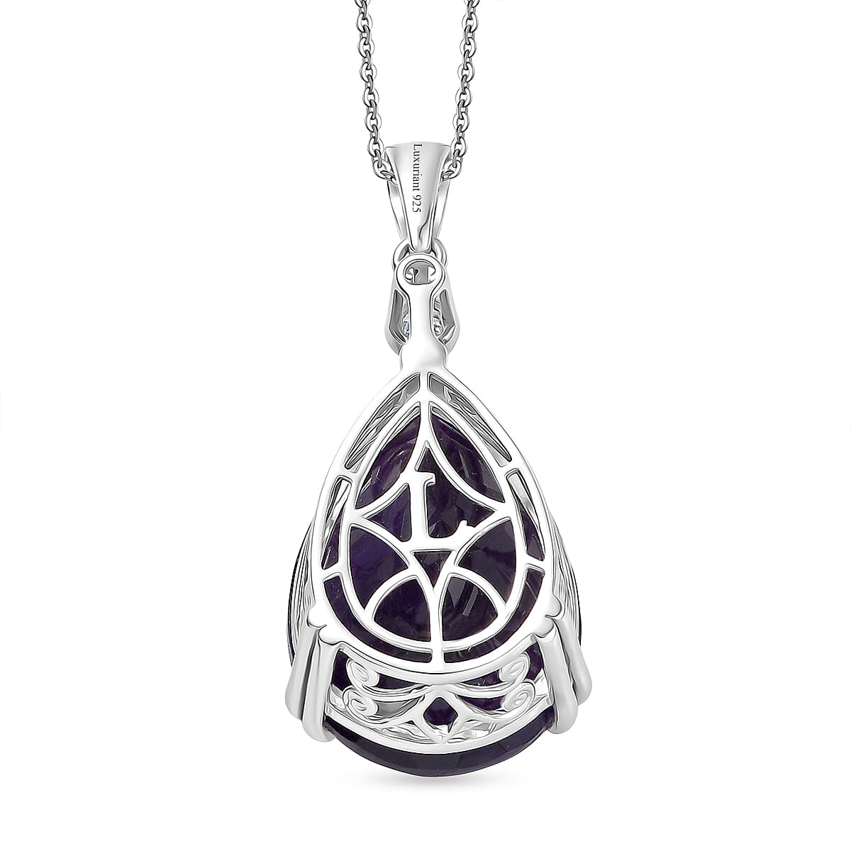 Luxuriant - SI-G-H Lab Grown Diamond & African Amethyst Pear Cut Solitaire Pendant with Chain (Size 20) in Rhodium Overlay Sterling Silver 28.31 Ct.