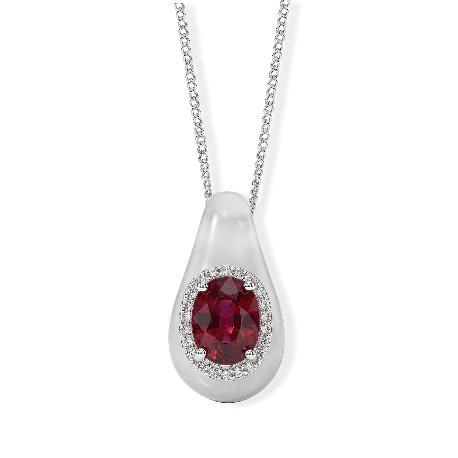 D'Joy - Dyed White Jade, Fissure Filled Ruby & White Zircon Pendant with Chain (Size 18) in Rhodium Overlay Sterling Silver 7.00 Ct.