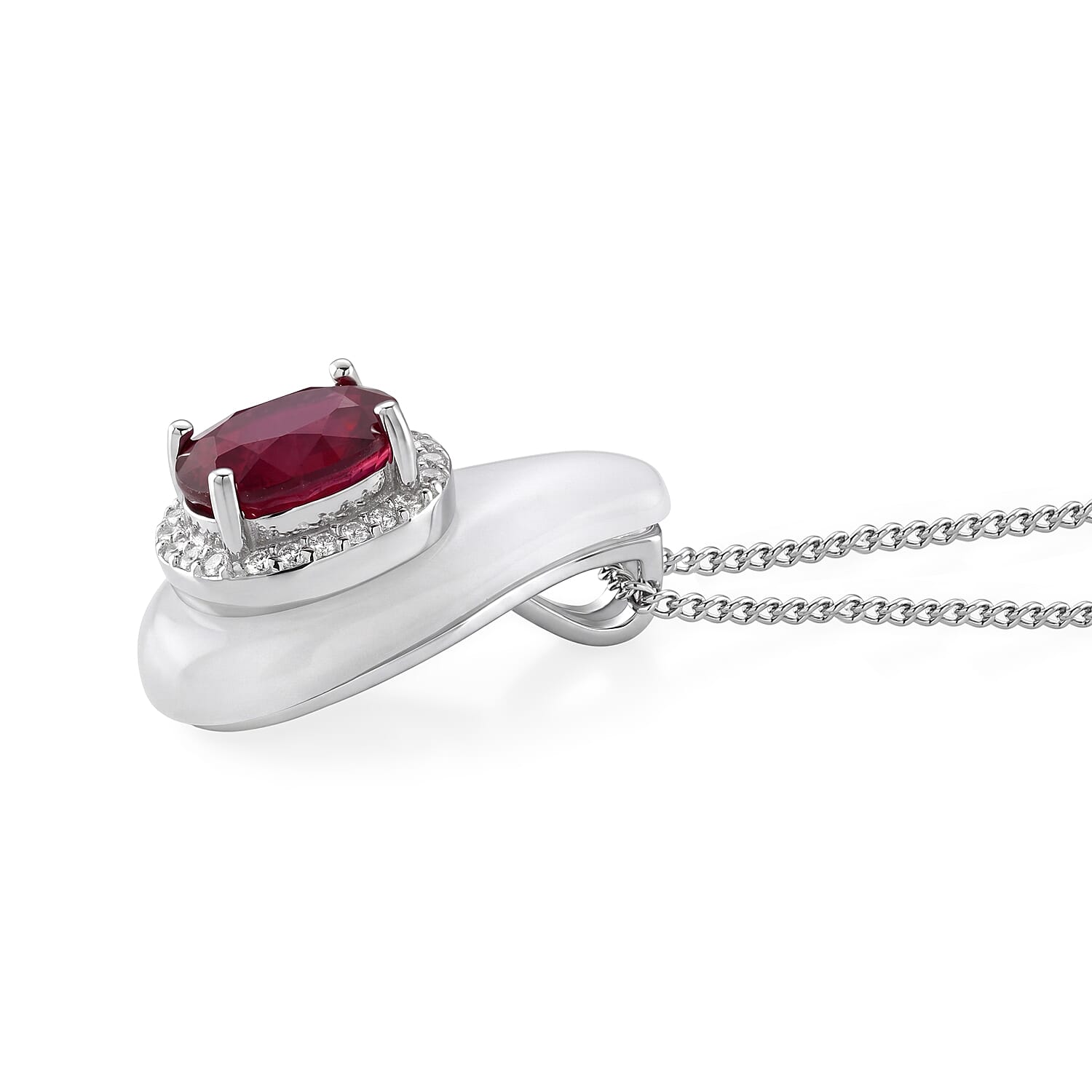 D'Joy - Dyed White Jade, Fissure Filled Ruby & White Zircon Pendant with Chain (Size 18) in Rhodium Overlay Sterling Silver 7.00 Ct.