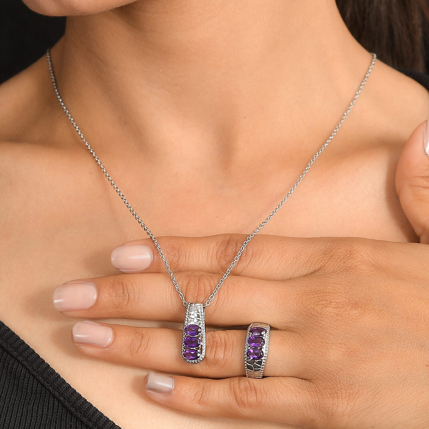 Set Of 2 - EverTrue African Amethyst Ring & Pendant with Chain (Size 20) 2.41 Ct.
