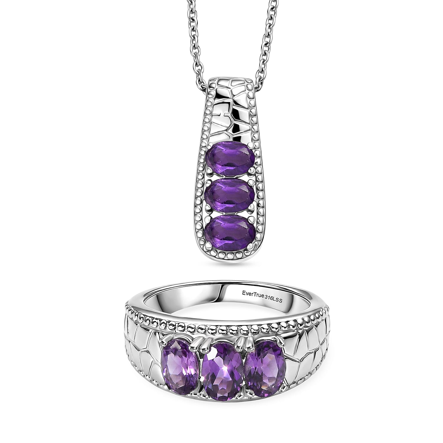 Set Of 2 - EverTrue African Amethyst Ring & Pendant with Chain (Size 20) 2.41 Ct.