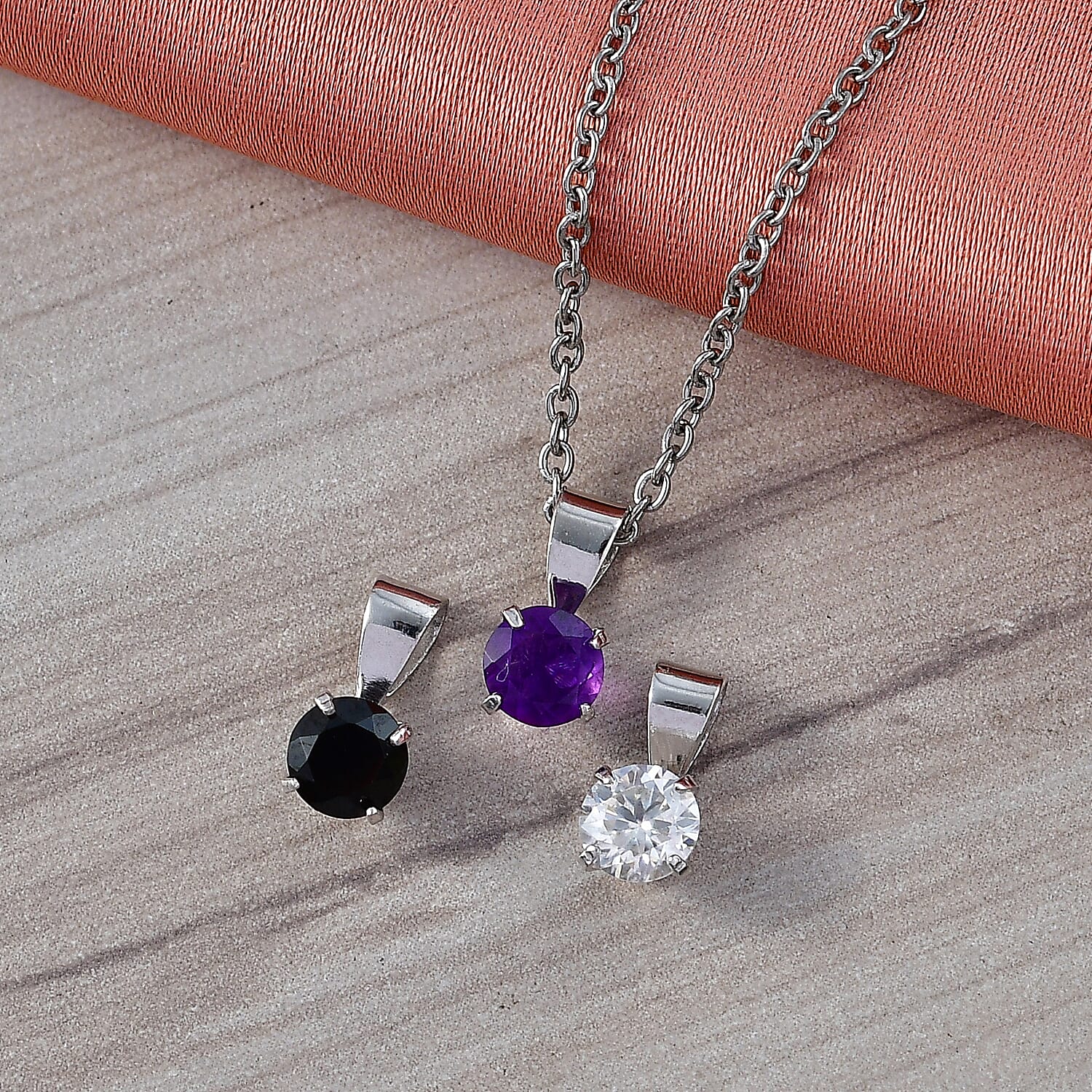 Set of 3 -  White Topaz, Black Spinel & African Amethyst Solitaire Pendant with Chain (Size 20) 1.70 Ct.