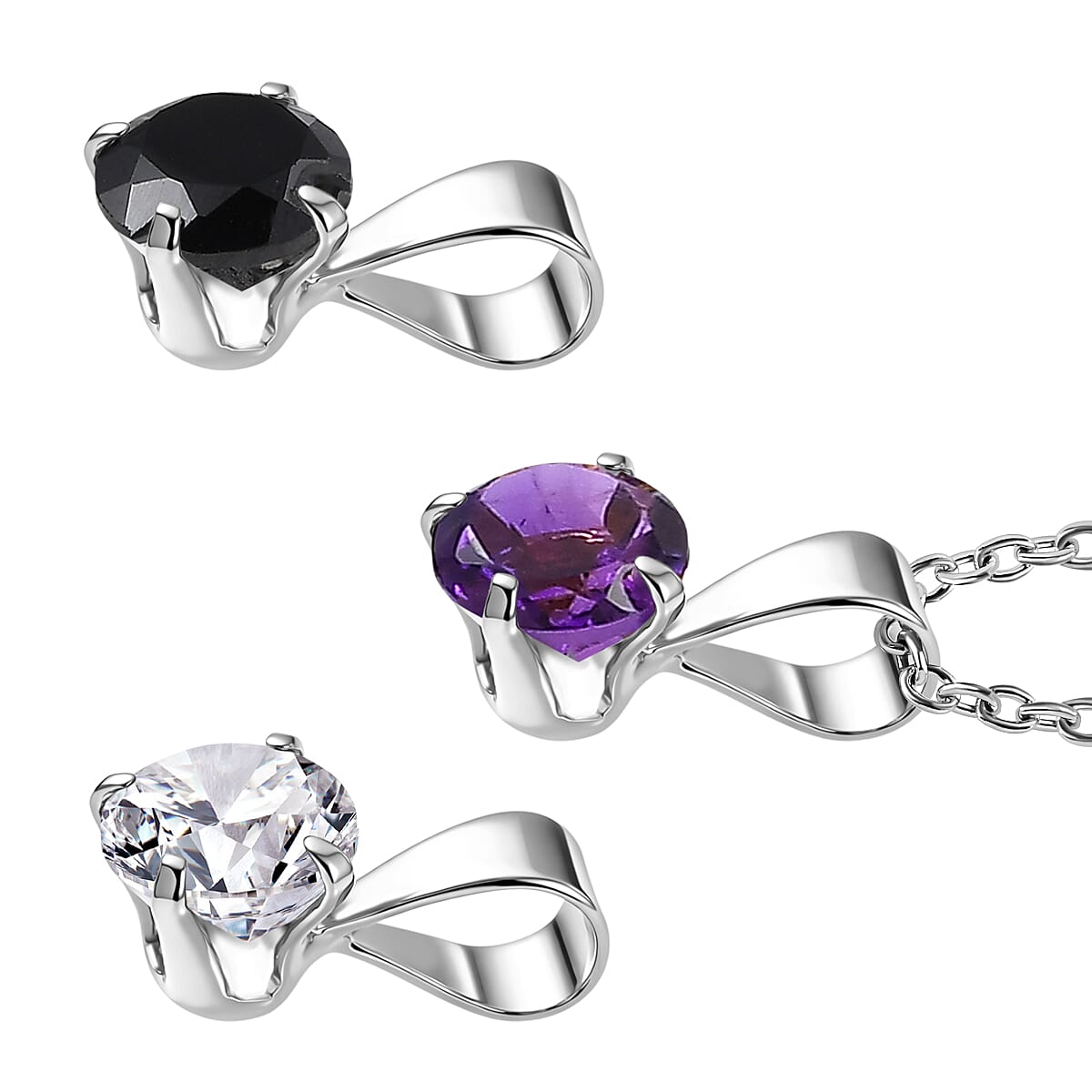Set of 3 -  White Topaz, Black Spinel & African Amethyst Solitaire Pendant with Chain (Size 20) 1.70 Ct.
