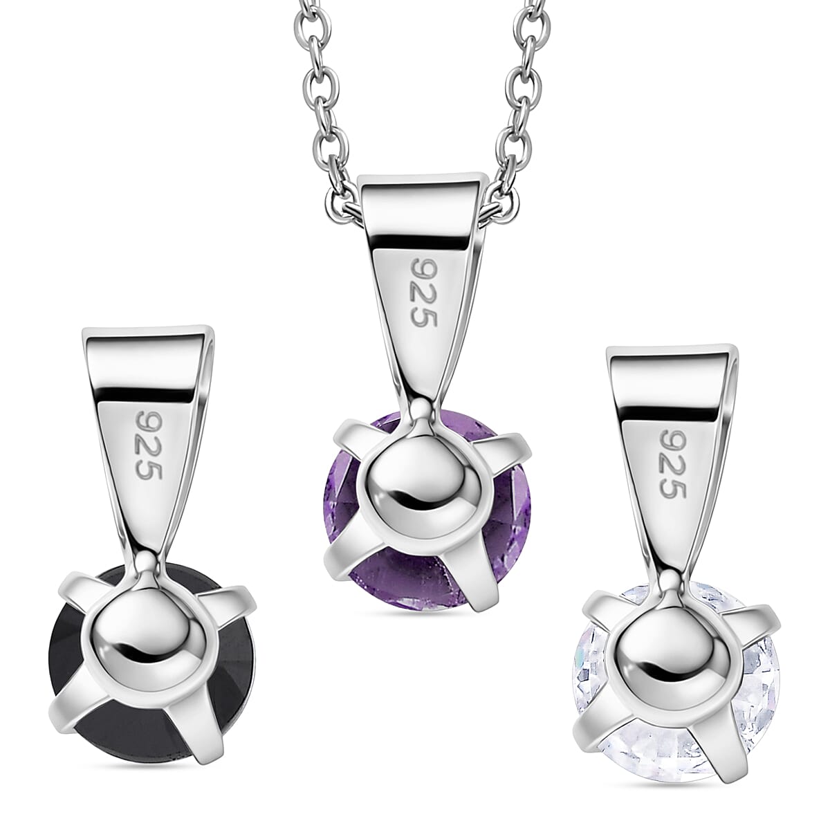 Set of 3 -  White Topaz, Black Spinel & African Amethyst Solitaire Pendant with Chain (Size 20) 1.70 Ct.