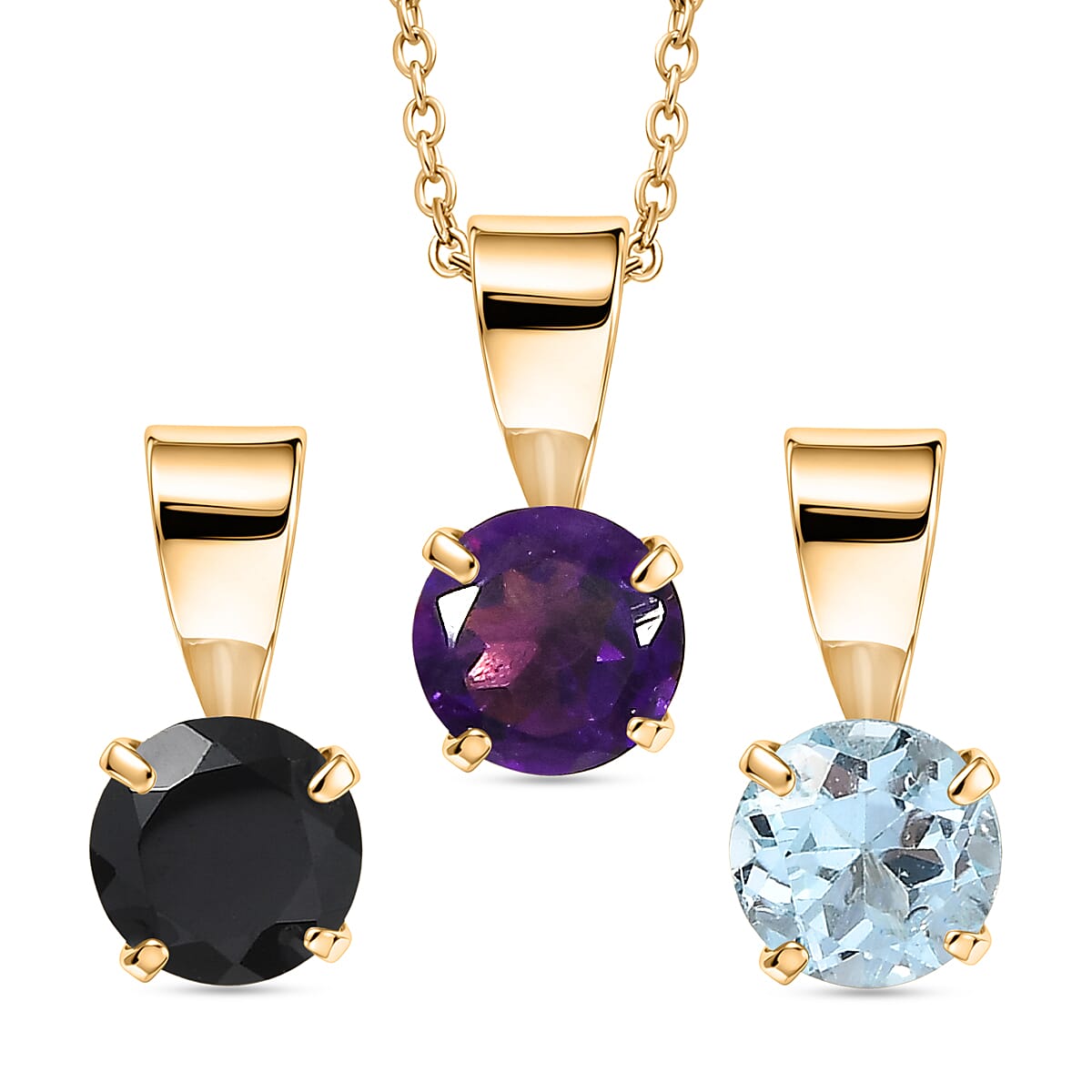Set of 3 -  White Topaz, Black Spinel & African Amethyst Solitaire Pendant with Chain (Size 20) 1.70 Ct.