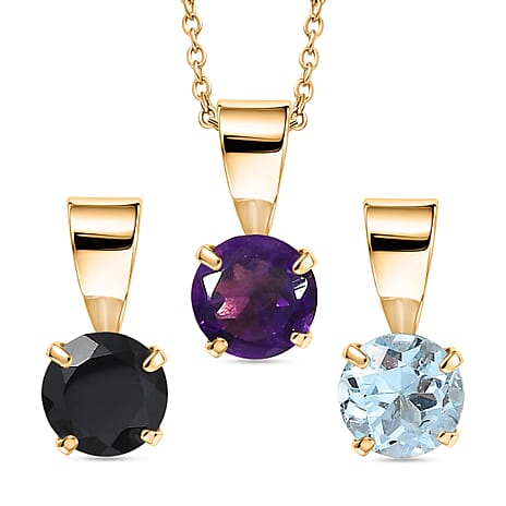 Set of 3 -  White Topaz, Black Spinel & African Amethyst Solitaire Pendant with Chain (Size 20) 1.70 Ct.