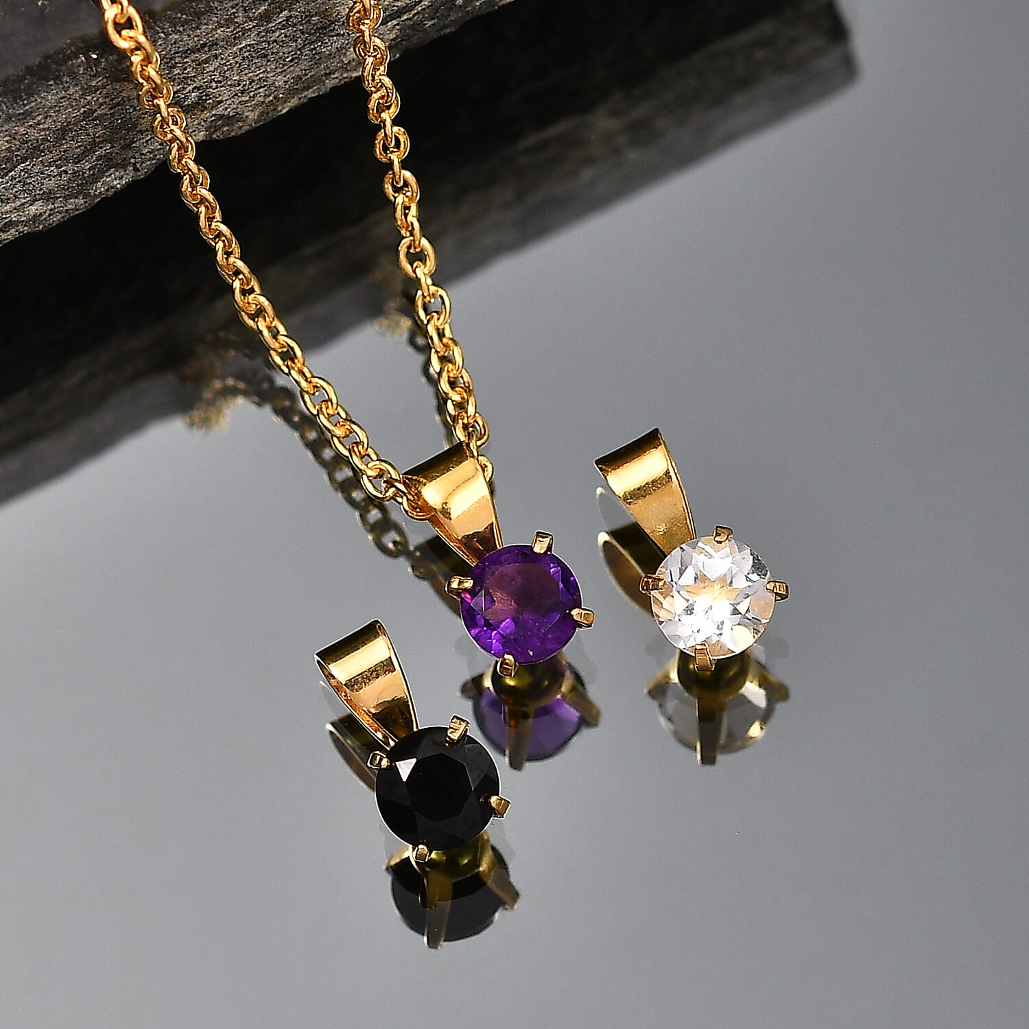 Set of 3 -  White Topaz, Black Spinel & African Amethyst Solitaire Pendant with Chain (Size 20) 1.70 Ct.