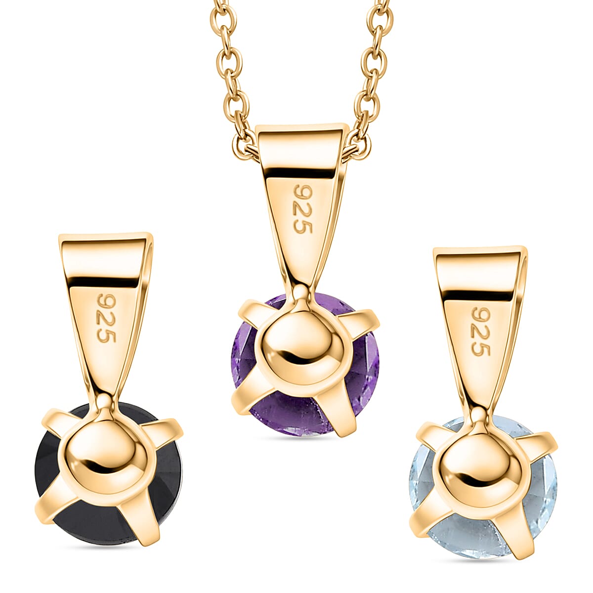 Set of 3 -  White Topaz, Black Spinel & African Amethyst Solitaire Pendant with Chain (Size 20) 1.70 Ct.