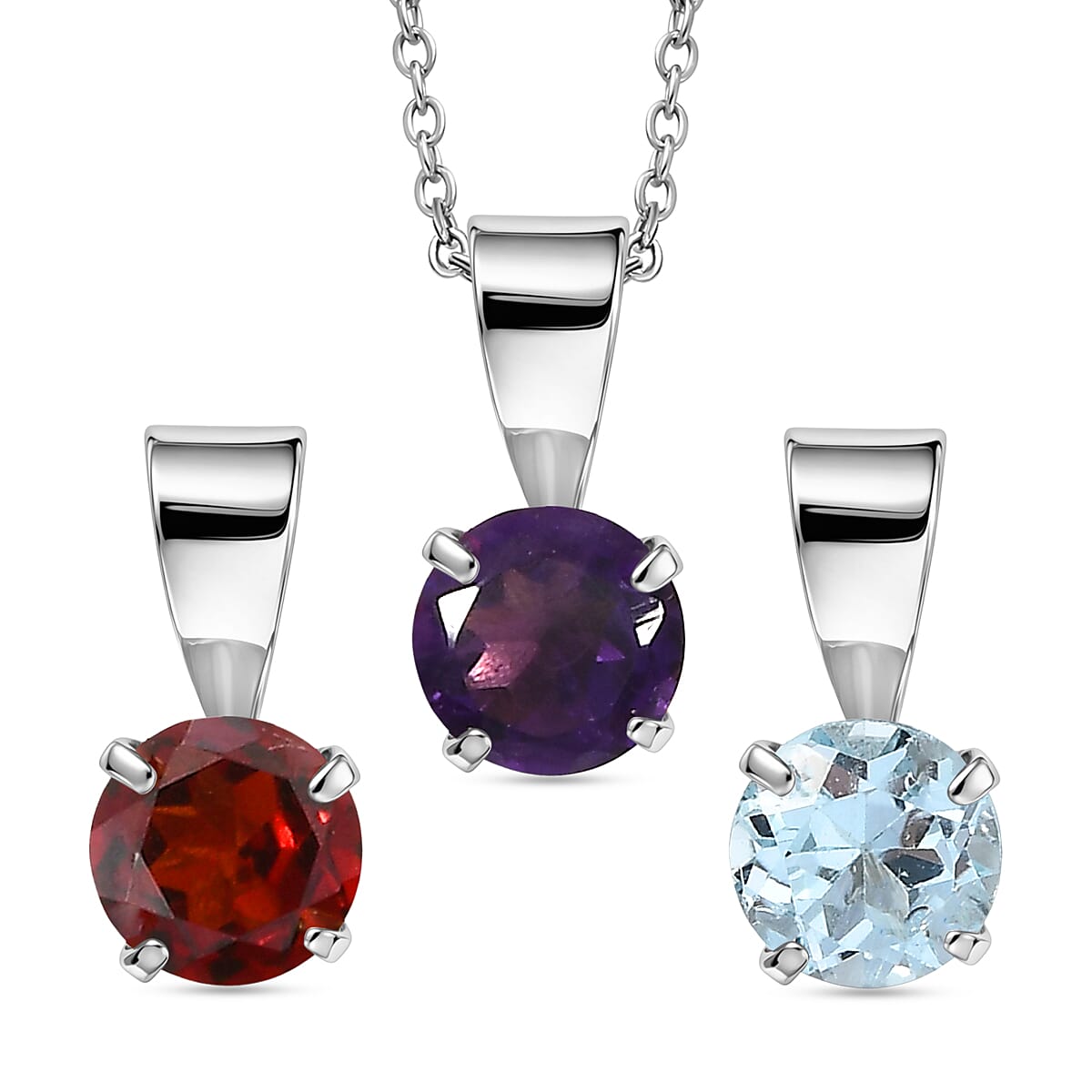 3 Piece Set -  White Topaz  Red Garnet  African Amethyst Pendant with Chain (Size 20) in Platinum Overlay Sterling Silver  1.500  Ct.