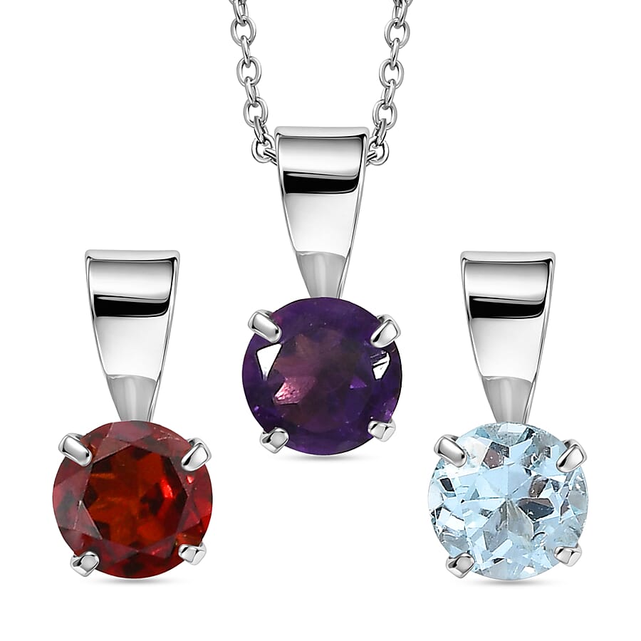 3 Piece Set - White Topaz Red Garnet African Amethyst Pendant with Chain (Size 20)
