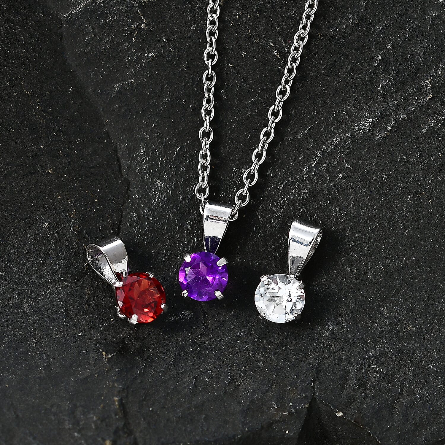 3 Piece Set -  White Topaz  Red Garnet  African Amethyst Pendant with Chain (Size 20) in Platinum Overlay Sterling Silver  1.500  Ct.