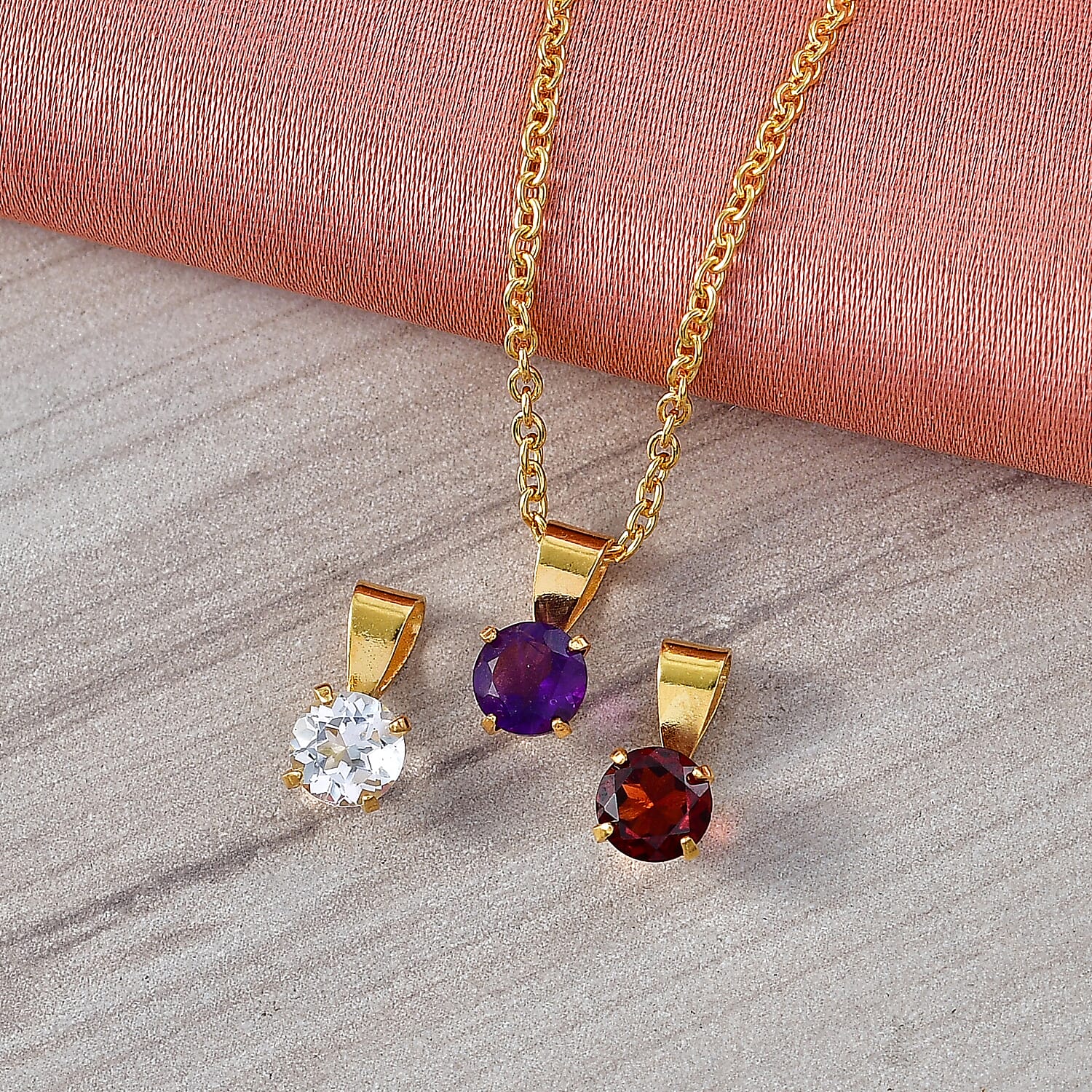 3 Piece Set -  White Topaz  Red Garnet  African Amethyst Pendant with Chain (Size 20) Mix Metal  1.500  Ct.