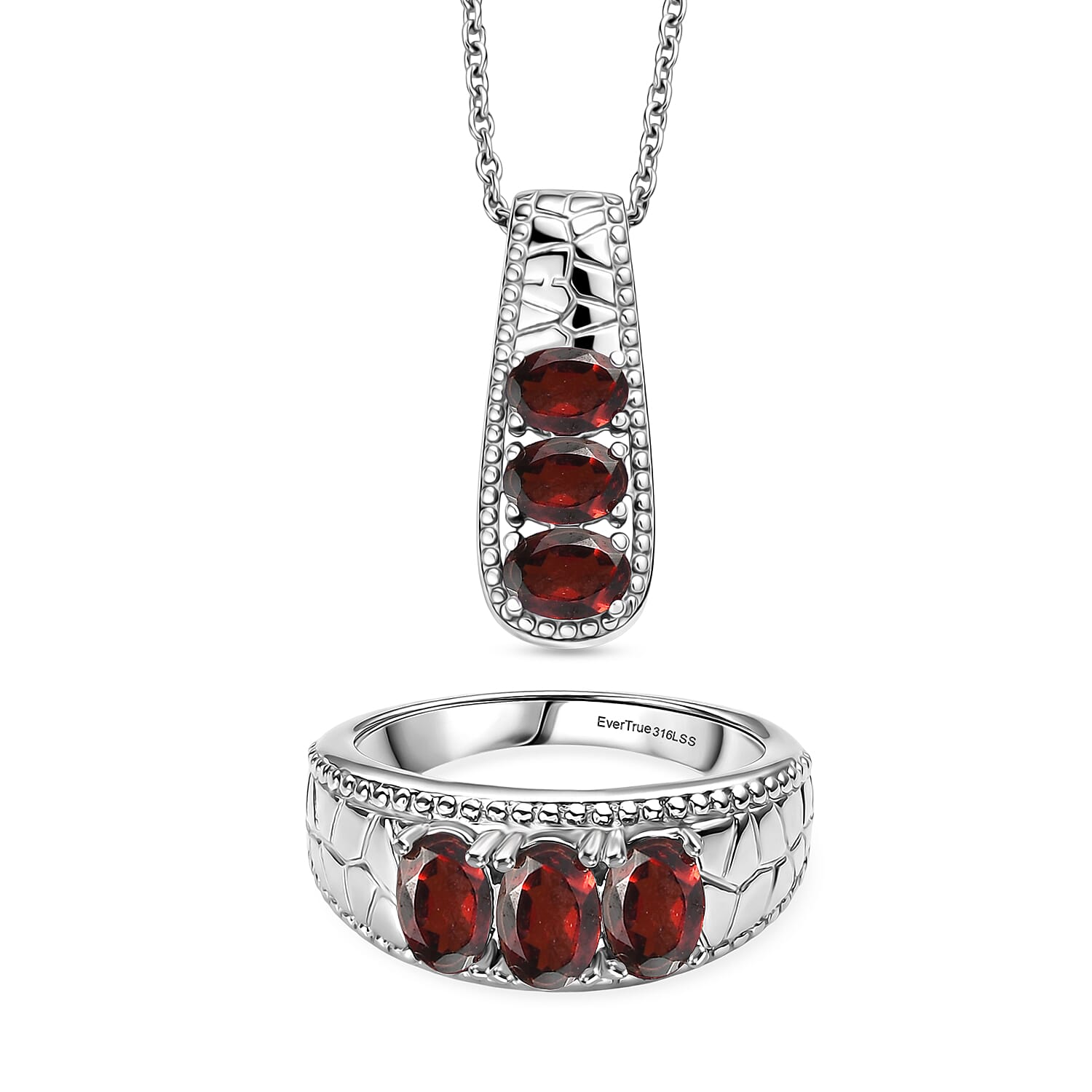 Set of 2 - EverTrue Red Garnet Ring & Pendant with Chain (Size 20) 3.27 Ct.