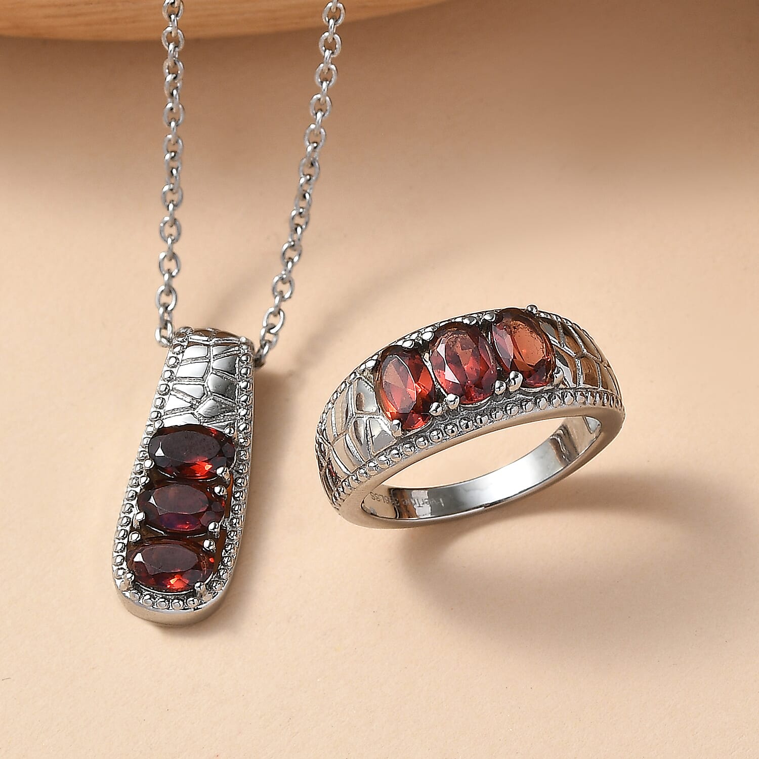Set of 2 - EverTrue Red Garnet Ring & Pendant with Chain (Size 20) 3.27 Ct.
