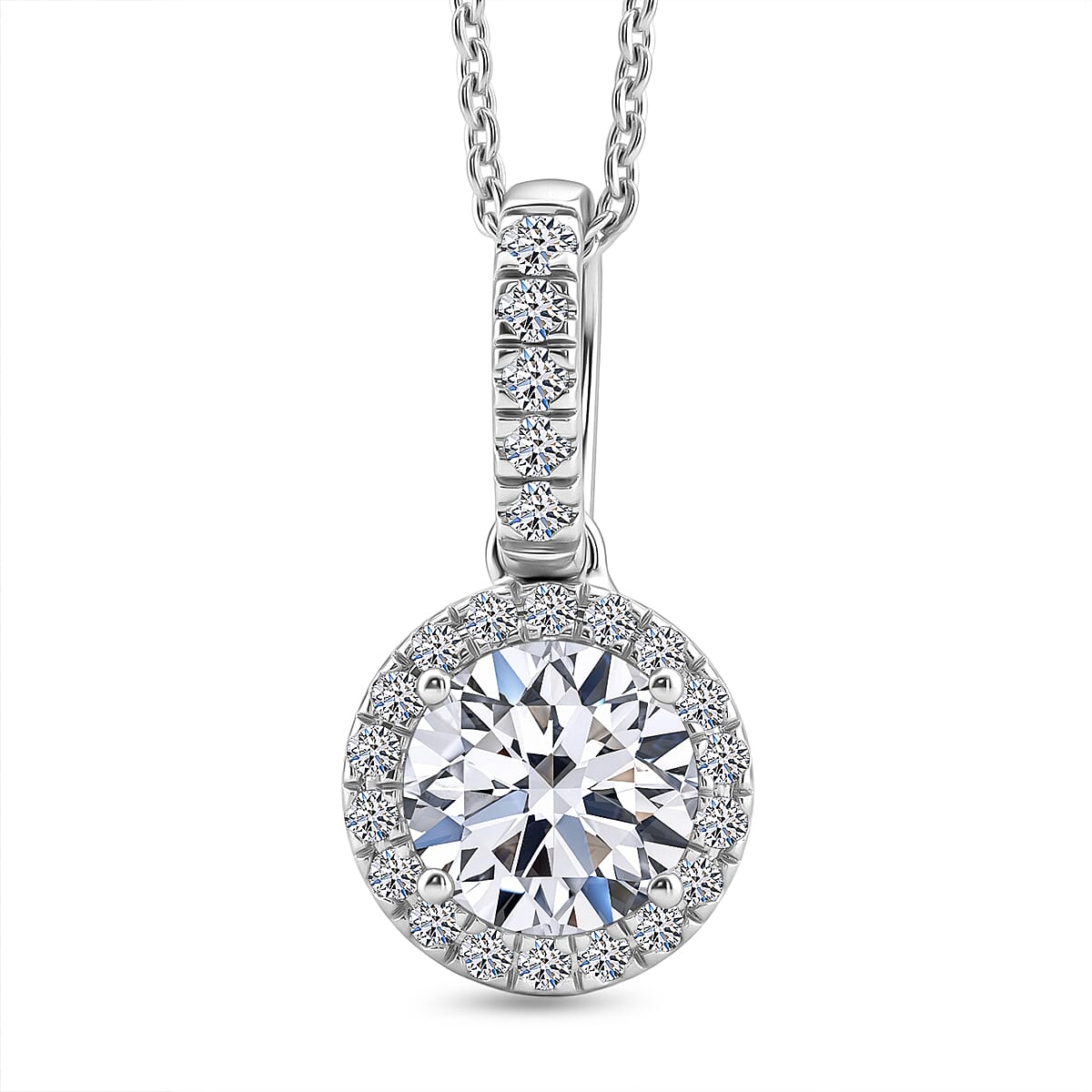 Luxuriant - SGL Certified SI-G-H Lab Grown Diamond Halo Pendant with Chain (Size 20) in Rhodium Overlay Sterling Silver 1.20 Ct.