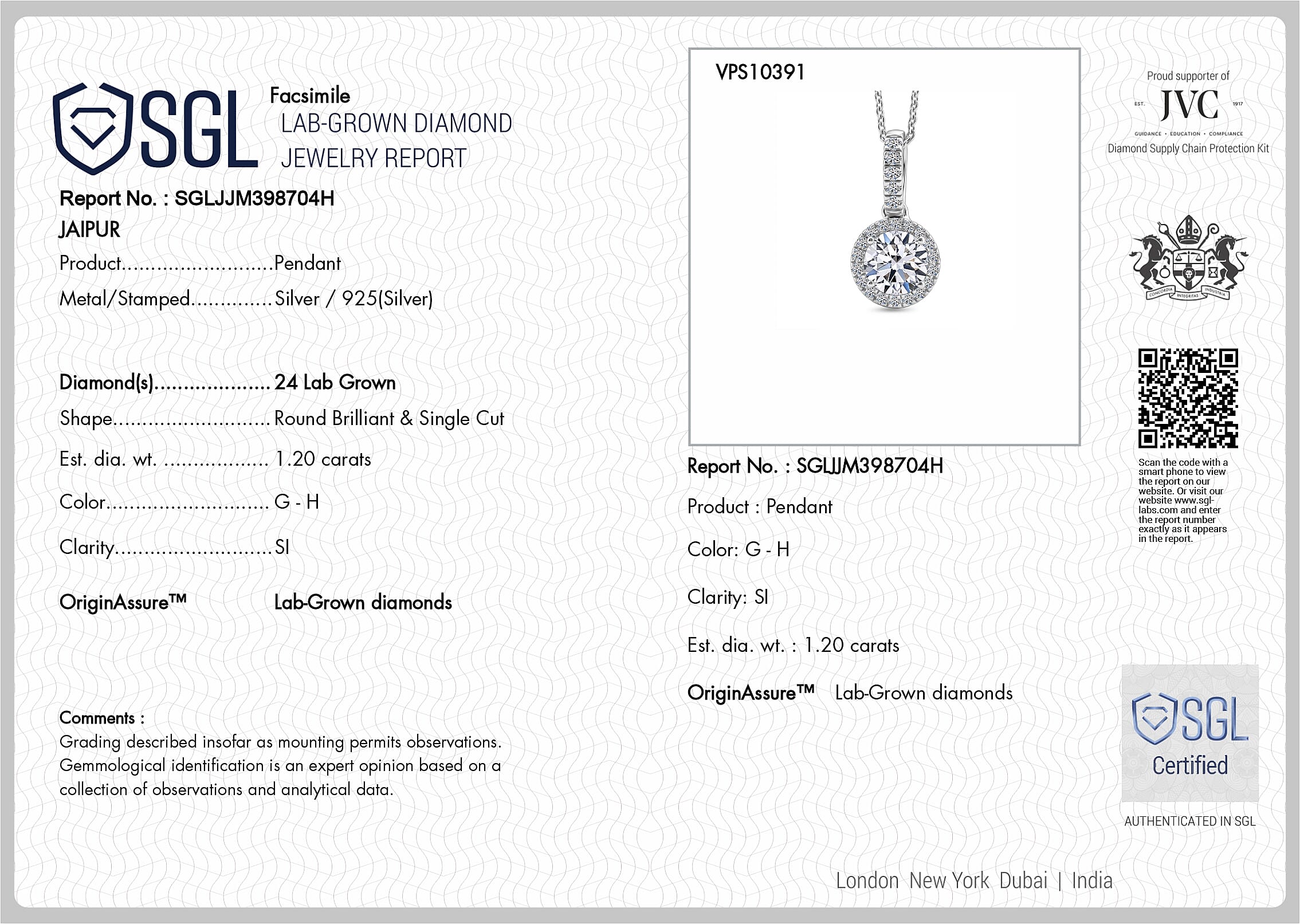 Luxuriant - SGL Certified SI-G-H Lab Grown Diamond Halo Pendant with Chain (Size 20) in Rhodium Overlay Sterling Silver 1.20 Ct.