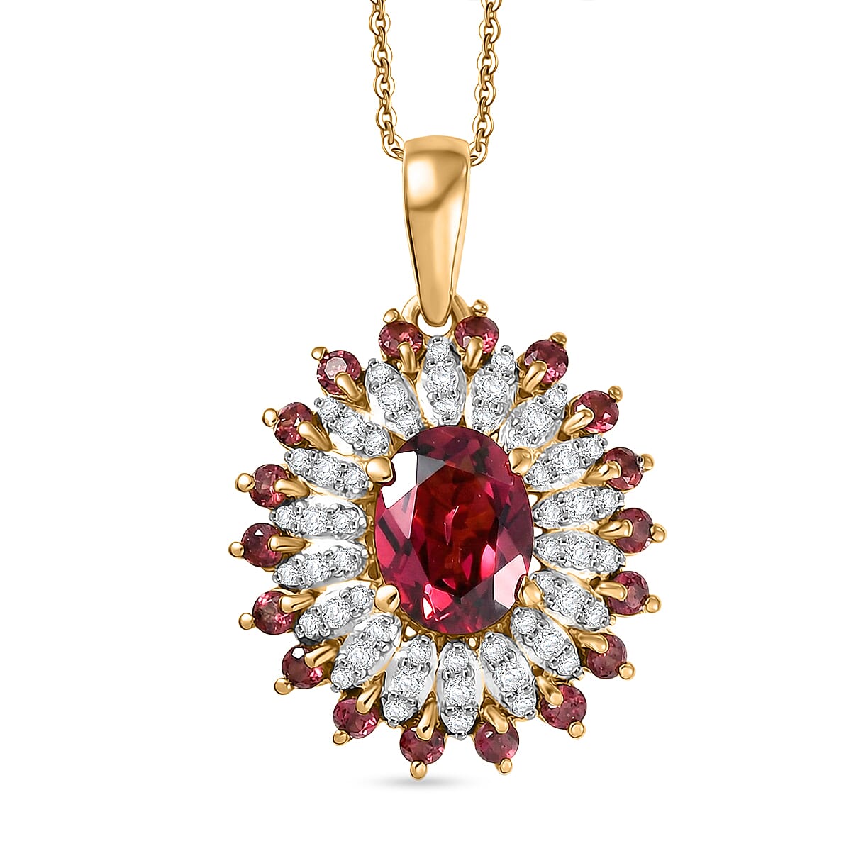 D'Joy Rhodolite Garnet & White Zircon Pendant with Chain (Size 20) in 18K Vermeil Yellow Gold Plated Sterling Silver 2.63 Ct, Silver Wt. 4.30 Gms
