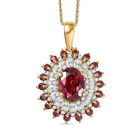 D'Joy Rhodolite Garnet & White Zircon Pendant with Chain (Size 20) in 18K Vermeil Yellow Gold Plated Sterling Silver 2.63 Ct, Silver Wt. 4.30 Gms