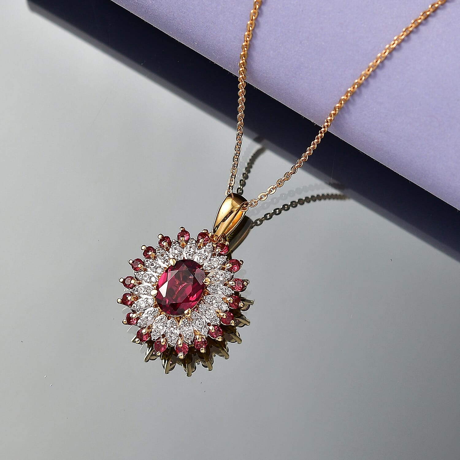 D'Joy Rhodolite Garnet & White Zircon Pendant with Chain (Size 20) in 18K Vermeil Yellow Gold Plated Sterling Silver 2.63 Ct, Silver Wt. 4.30 Gms