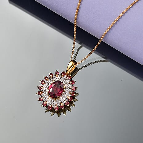 ONE TO OWN - D'Joy Rhodolite Garnet & White Zircon Cluster Floral Pendant with Chain (Size 20) in 18K Vermeil Yellow Gold Plated Sterling Silver 2.63 Ct, Silver Wt. 4.30 Gms