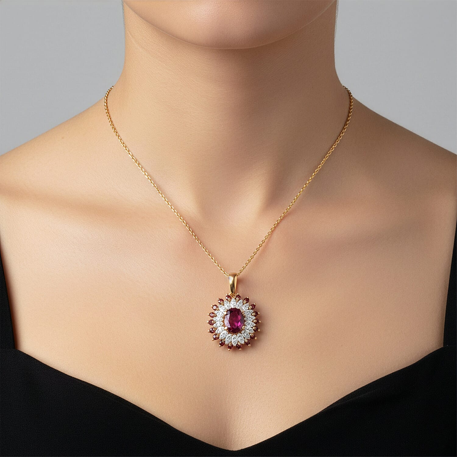 D'Joy Rhodolite Garnet & White Zircon Pendant with Chain (Size 20) in 18K Vermeil Yellow Gold Plated Sterling Silver 2.63 Ct, Silver Wt. 4.30 Gms