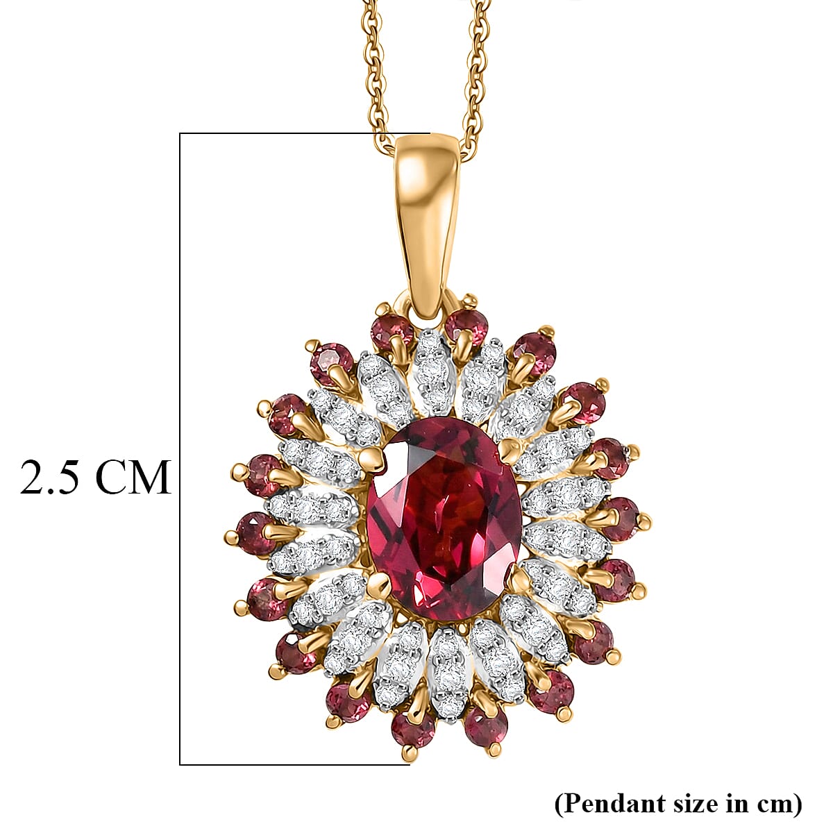 D'Joy Rhodolite Garnet & White Zircon Pendant with Chain (Size 20) in 18K Vermeil Yellow Gold Plated Sterling Silver 2.63 Ct, Silver Wt. 4.30 Gms