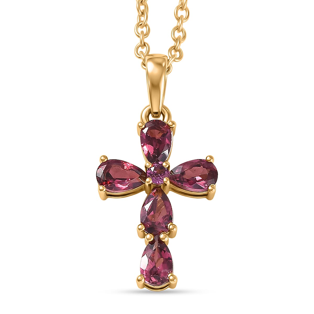 D'Joy Rhodolite Cross Pendant with Chain (Size 20) in Yellow Gold Tone 1.50 Ct.