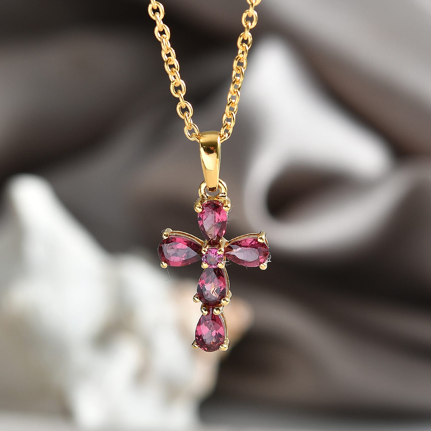 D'Joy Rhodolite Cross Pendant with Chain (Size 20) in Yellow Gold Tone 1.50 Ct.